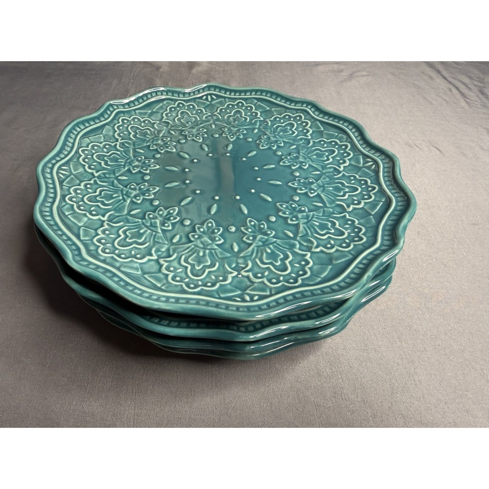 Pioneer Woman Farmhouse Lace Linen Ocean Teal 8.5" Salad Plates -  Set Of 4